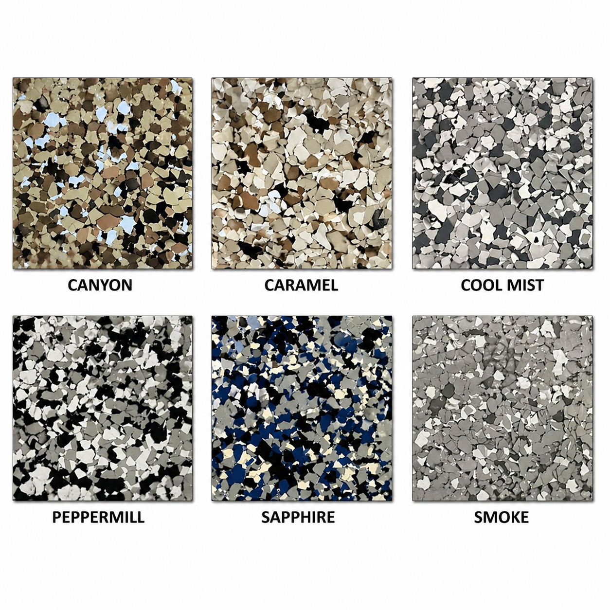 Epoxy floor flake color options: Canyon, Caramel, Cool Mist, Peppermill, Sapphire, Smoke